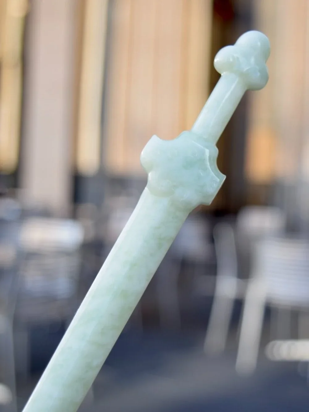 Green Sword Carved Hairpin - Serpentine Jade Hair Stick